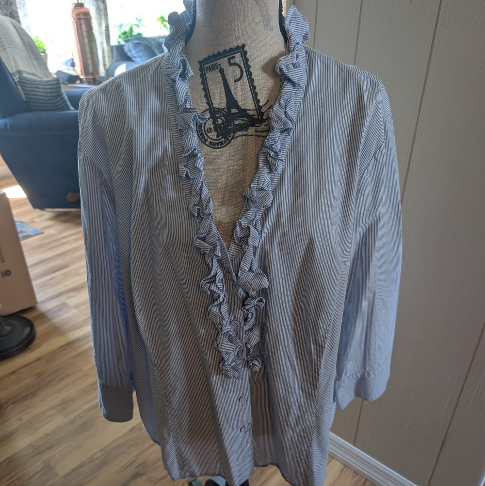 Women's Blue Striped Ruffled Top
